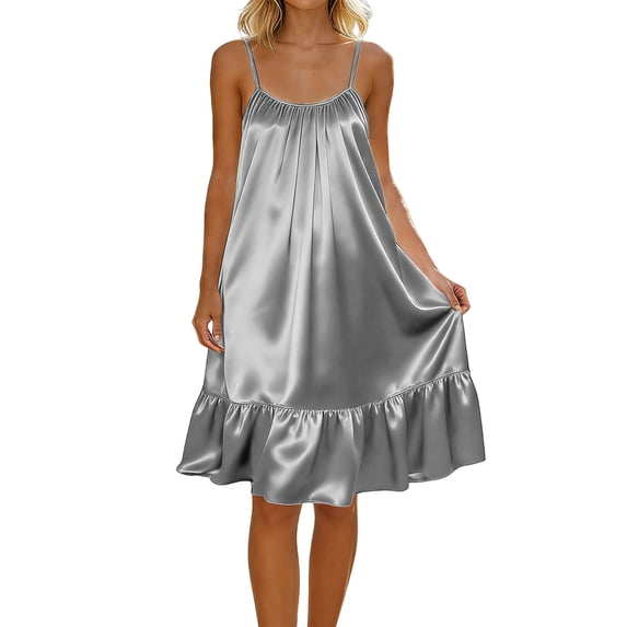 Admvng Satin Dress for Women Round Neck Backless Casual Summer Ruffle Hem Nightgown