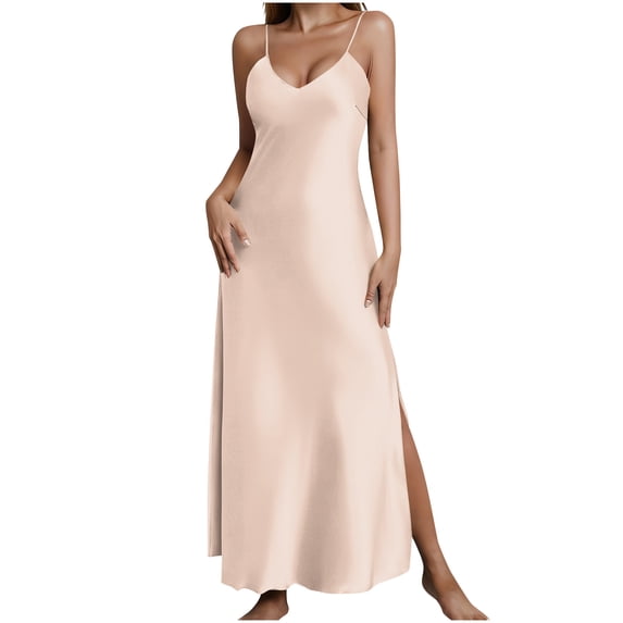Admvng Satin Dress for Women Sleeveless Spaghetti Strap V Neck Casual High Side Slit Summer Everyday Dress