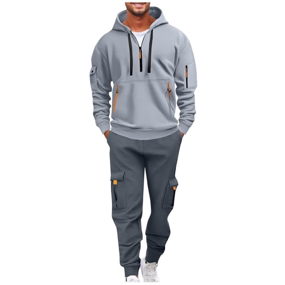 Admvng Sets for Men Solid Casual Loose Drawstring Long Sleeve Hooded Workwear with Multiple Pockets Sweatshirt Set, Size S-2XL