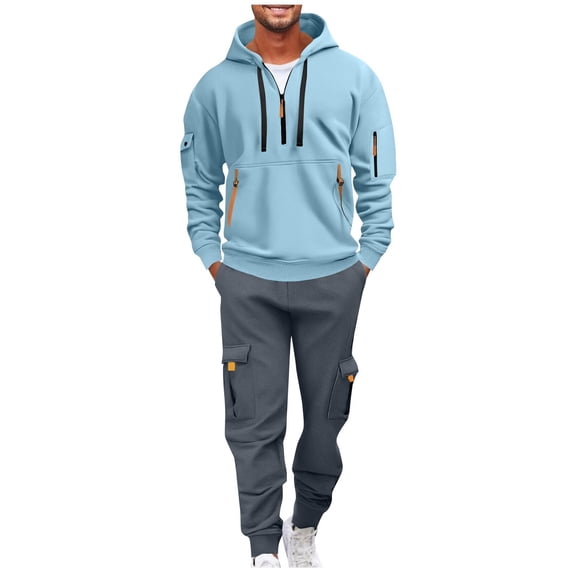 Admvng Sets for Men Solid Casual Loose Drawstring Long Sleeve Hooded Workwear with Multiple Pockets Sweatshirt Set, Size S-2XL