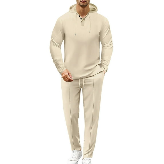Admvng Sets for Men Solid Hooded Sweatshirt Elastic Waist Drawstring Straight Leg Pants Set, Size S-3XL