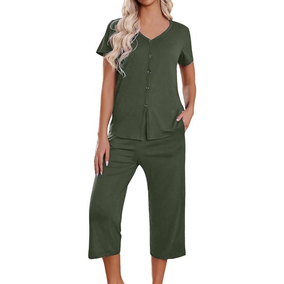 Admvng Sets for Women Color Neck Lace Splicing Short Sleeve Sleepshirt and Pants Sets Loungewear Pajamas with Pockets S-2XL