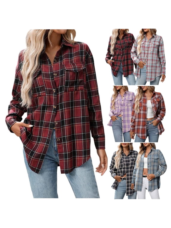 Admvng Shirts for Women Casual Lapel Button Pocket Plaid Long Sleeved Tops,Sizes S-2XL