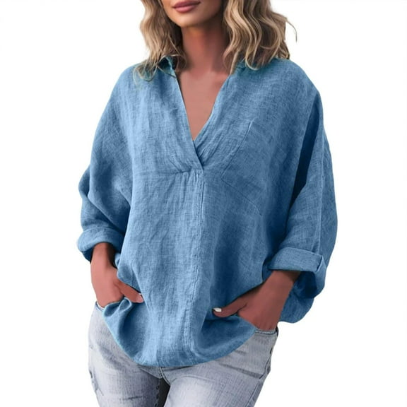 Admvng Shirts for Women Fashion Solid V-neck Casual Pullover Long Sleeved Pocket Top S-5XL