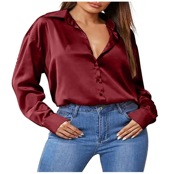 Admvng Shirts for Women Loose Casual Long Sleeve Turn Down Collar Casual Blouse Tops S-2XL