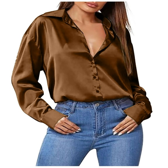 Admvng Shirts for Women Loose Casual Long Sleeve Turn Down Collar Casual Blouse Tops S-2XL