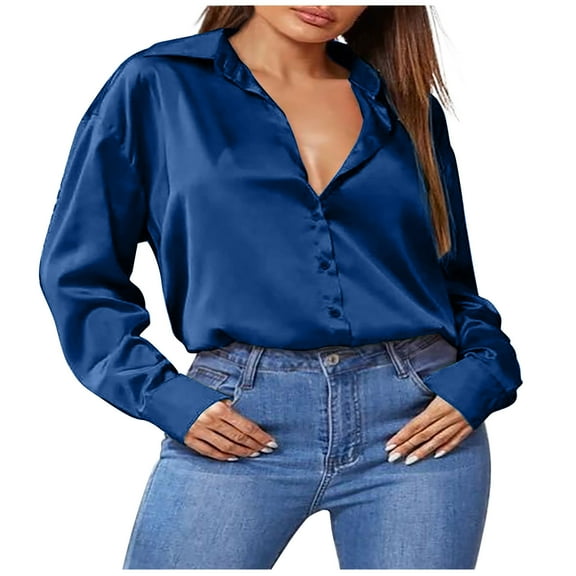 Admvng Shirts for Women Loose Casual Long Sleeve Turn Down Collar Casual Blouse Tops S-2XL