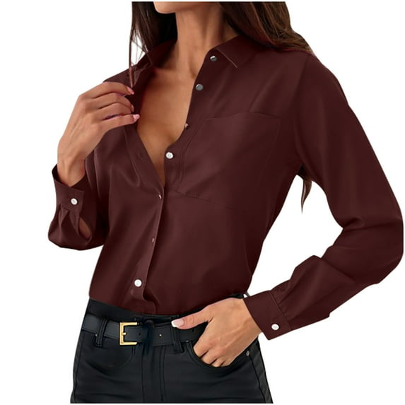Admvng Shirts for Women Trendy Casual Shirt Long Sleeve Solid Turn-down Collar Blouse S-2XL