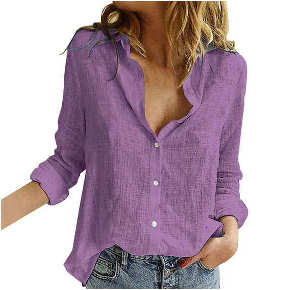 Admvng Shirts for Women Trendy Casual Solid Color V Neck Loose Long Sleeve Blouse S-2XL