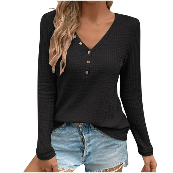 Admvng Shirts for Women V-neck Button Solid Color Long Sleeve T-shirt Lightweight Fashion Cute Tops Basic Tee Going Out Tops for Women S-XL