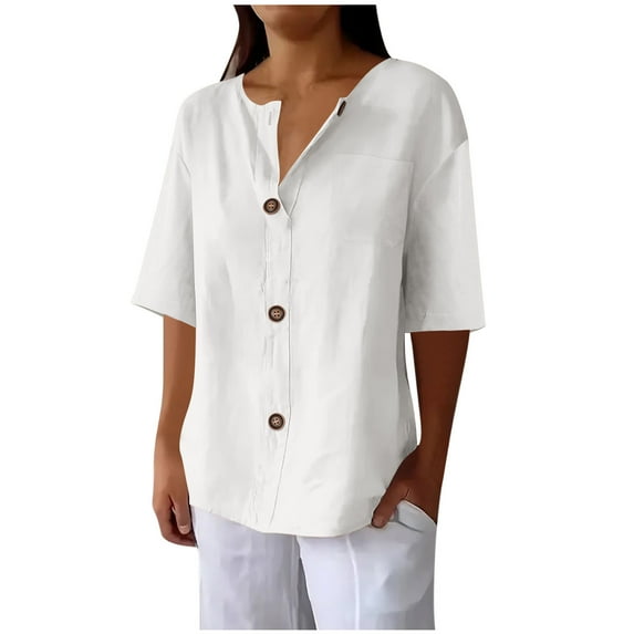 Admvng Short Sleeve Shirts For Women Collar Cotton And Linen Button Shirt Casual Short Sleeve with Pocket S-2XL