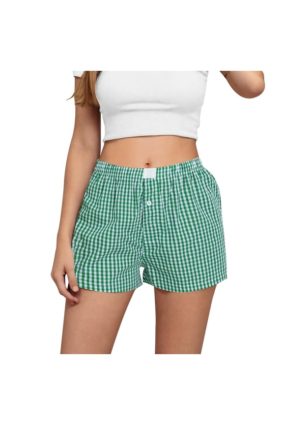 Shorts for Women Gingham Checkered Boxer Elastic Waist Everyday Shorts
