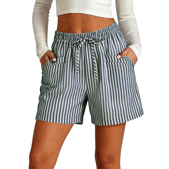 Admvng Shorts for Women Vertical Striped Drawstring Waist Pockets Casual Summer Shorts