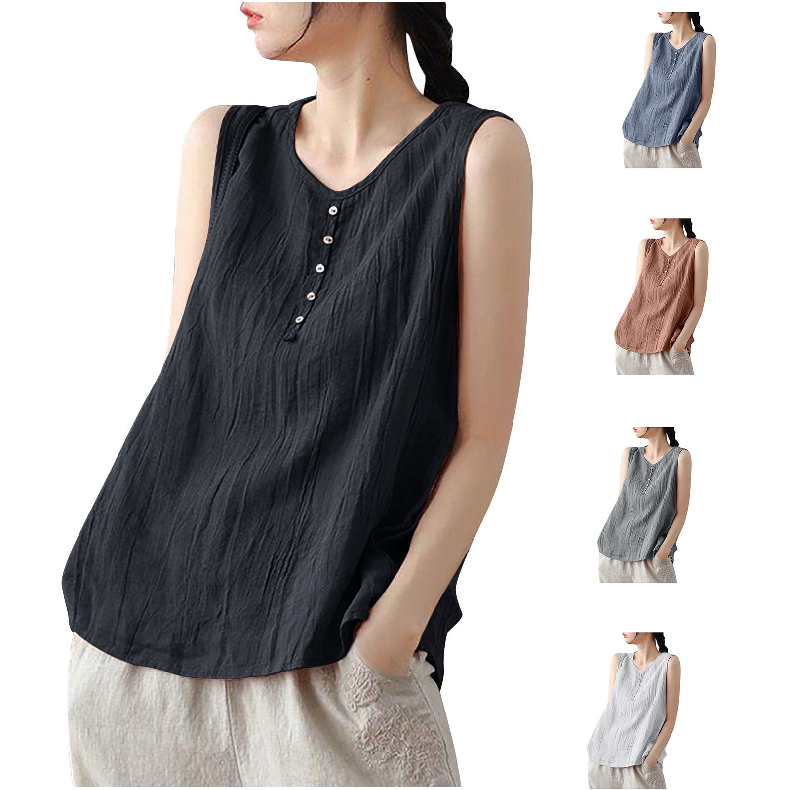 Admvng Tank Tops for Women Plus Size Solid Cotton Linen Round Neck ...