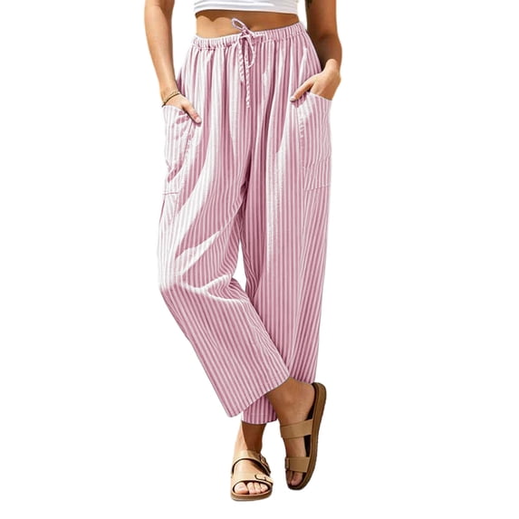 Admvng Striped Pants for Women Drawstring Waist Casual LooseFit Linen Trousers with Pockets