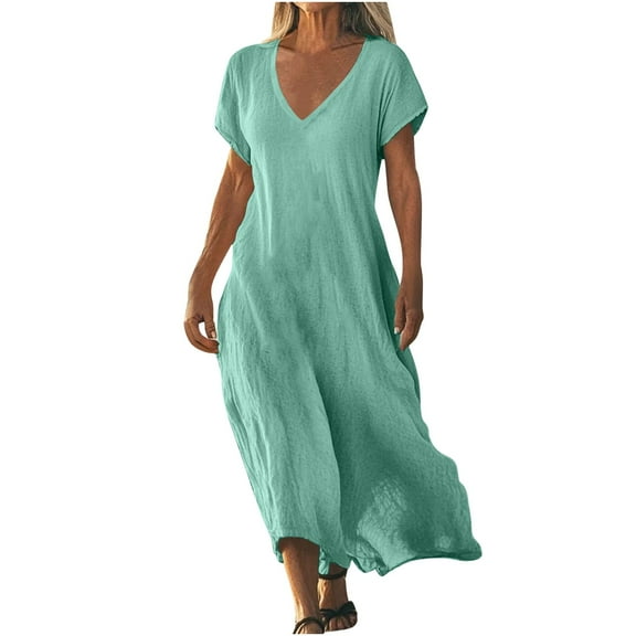 Admvng Summer Dresses for Women 2025 Plus Size Solid Color V-neck Cotton Linen Short Sleeved Long Dress S-5XL