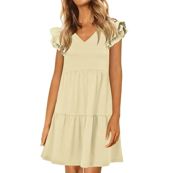 Admvng Summer Dresses for Women 2025 Summer V Neck Ruffle Short Sleeve Vacation Beach Cute Sundress S-2XL