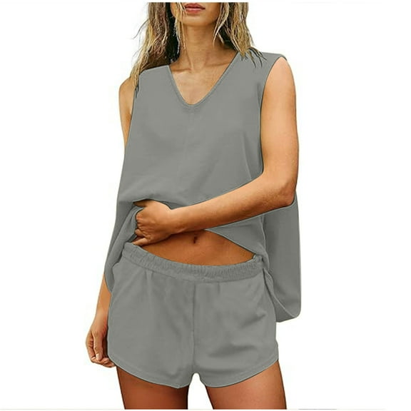 Admvng Summer Outfits For Women Casual V-Neck Sleeveless Sportswear and Elastic Shorts Summer Set S-XL