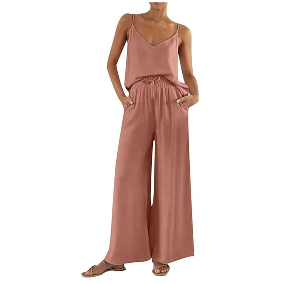 Admvng Summer Outfits For Women V-Neck Solid Color Sleeveless Drawstring Wide Leg Pants Matching Set With Pockets S-2XL