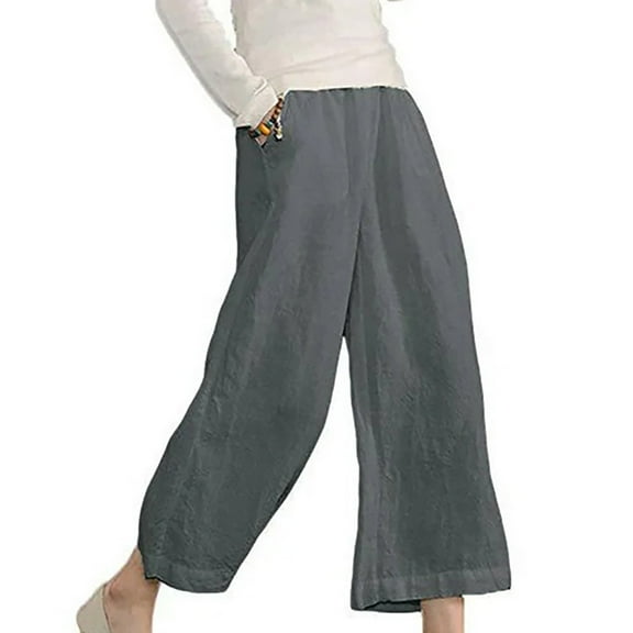 Admvng Summer Pants for Women Multiple Solid Color Cotton Linen Loose Casual Wide Leg Capris S-3XL