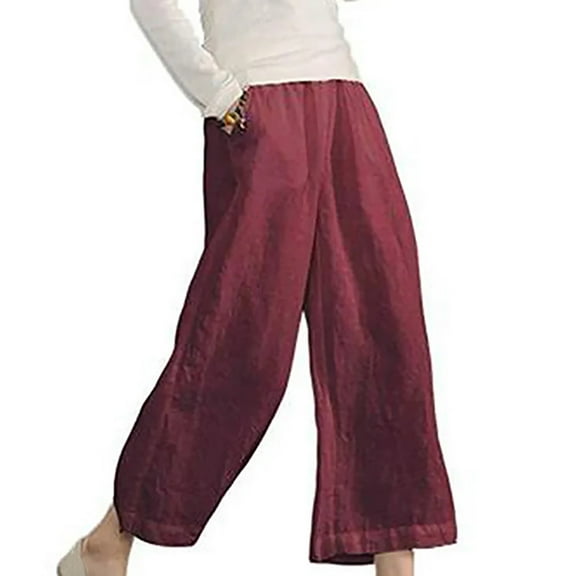 Admvng Summer Pants for Women Multiple Solid Color Cotton Linen Loose Casual Wide Leg Capris S-3XL