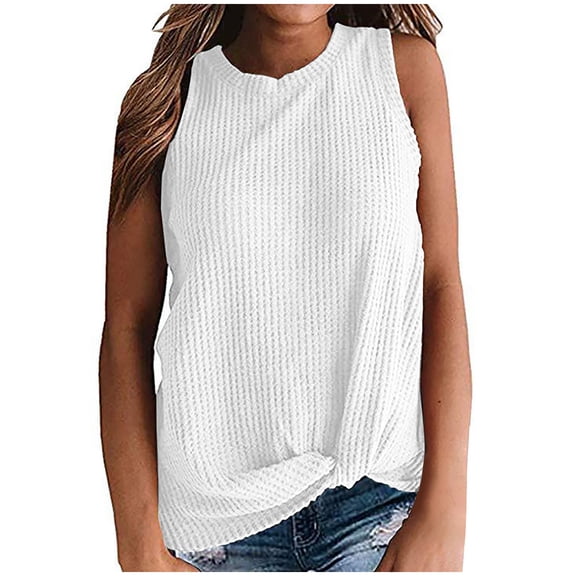Admvng Summer Tops for Women Casual Solid Color Crew Neck Basic Sleeveless Blouses Trendy Beach Vacation Clothes S-2XL