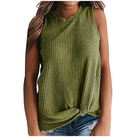 Admvng Summer Tops for Women Casual Solid Color Crew Neck Basic Sleeveless Blouses Trendy Beach Vacation Clothes S-2XL