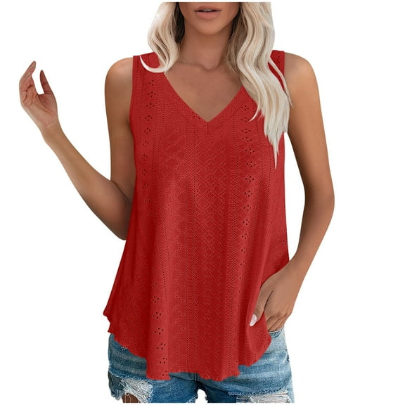 Admvng Summer Tops for Women Casual Solid Color Sleeveless V-neck Hem Curved Pullover S-2XL
