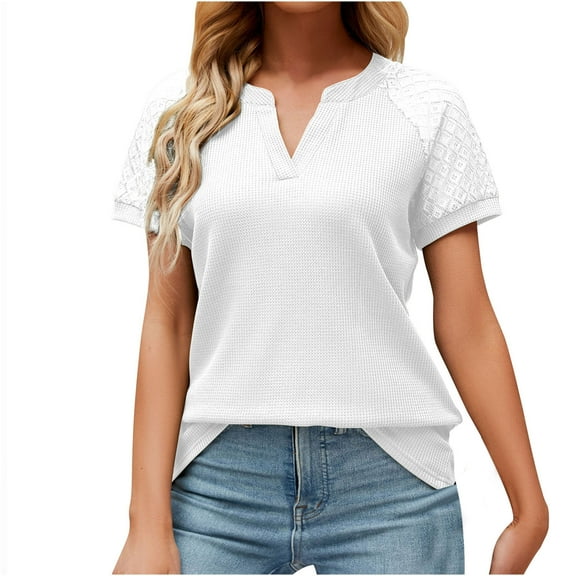 Admvng Summer Tops for Women Casual V-neck Lace Knit Stitching Loose Short Sleeve Tops S-2XL
