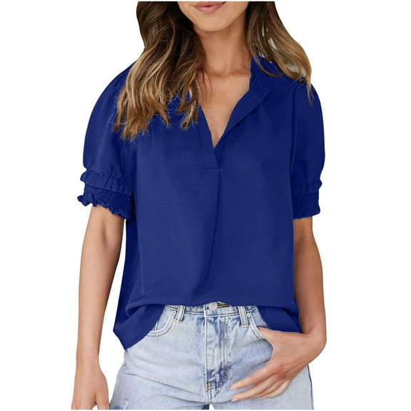 Admvng Summer Tops for Women Fashion Solid Color Casual V-Neck Puff Petal Sleeve Loose T-shirt Tops S-2XL