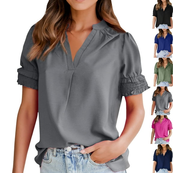 Admvng Summer Tops for Women Fashion Solid Color Casual V-Neck Puff Petal Sleeve Loose T-shirt Tops S-2XL
