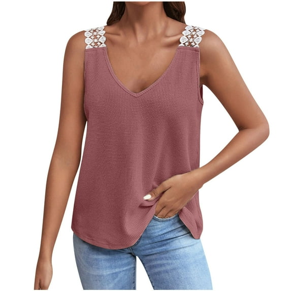 Admvng Summer Tops for Women Plus Size Casual V-Neck Solid Lace Sleeveless T-shirt Blouse S-3XL