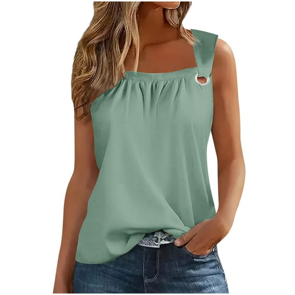 Admvng Summer Tops for Women Solid Color Square Neck Sleeveless T-shirt Loose Tank Admvng S-2XL