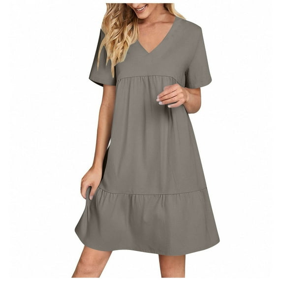 Admvng Sundresses for Women Summer V-Neck Solid Color Casual High Waisted Short Sleeve Holiday Dress S-2XL