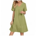 thumbnail image 1 of Admvng Sundresses for Women Summer V-Neck Solid Color Casual High Waisted Short Sleeve Holiday Dress S-2XL, 1 of 8