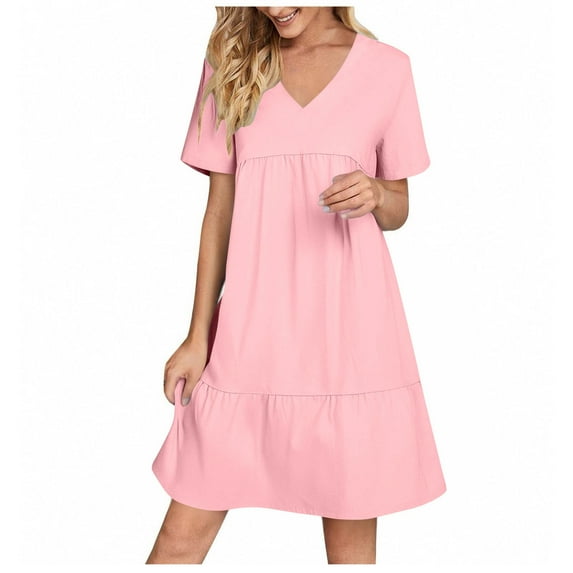 Admvng Sundresses for Women Summer V-Neck Solid Color Casual High Waisted Short Sleeve Holiday Dress S-2XL