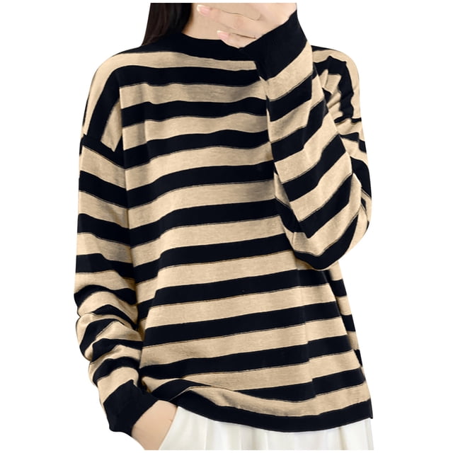 Admvng Sweaters for Women Lightweight Casual Striped Long Sleeved Round Neck Knitted Sweater Top M-3XL