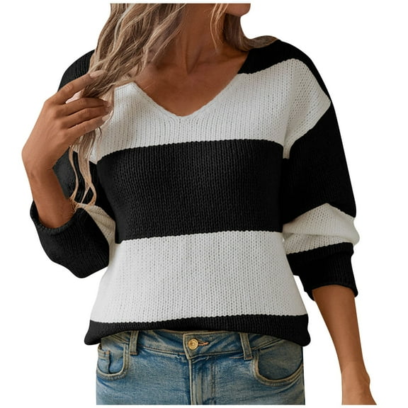 Admvng Sweaters for Women Lightweight Winter Loose Striped Sweater Long Sleeve V-Neck Sweater Long Sleeve Shirts for Women S-XL
