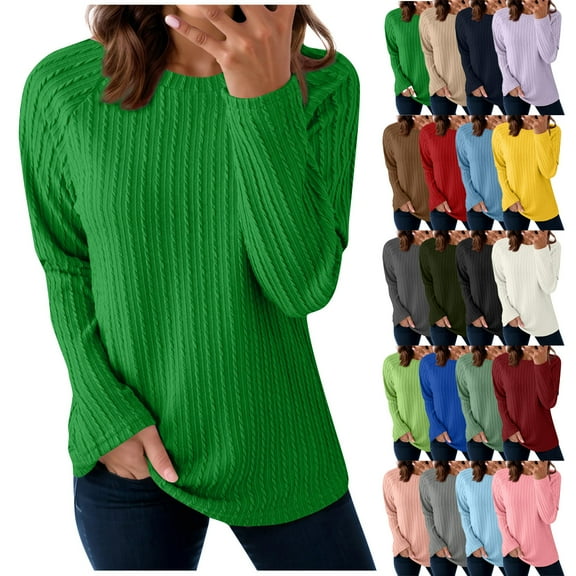 Admvng Sweaters for Women Long Sleeve Round Neck Solid Textured T Shirts,Sizes S-2XL