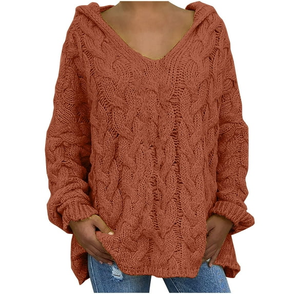 Admvng Sweaters for Women Loose Large Size Solid Color Hooded Long-sleeved Top V-neck Sweater,Size S-3XL