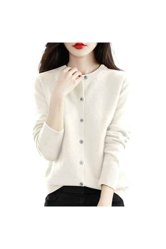 Sweaters for Women Solid Color Long Sleeved Round Neck Knitted Blouses Thin Cardigan Sweater Top, Size M-2XL