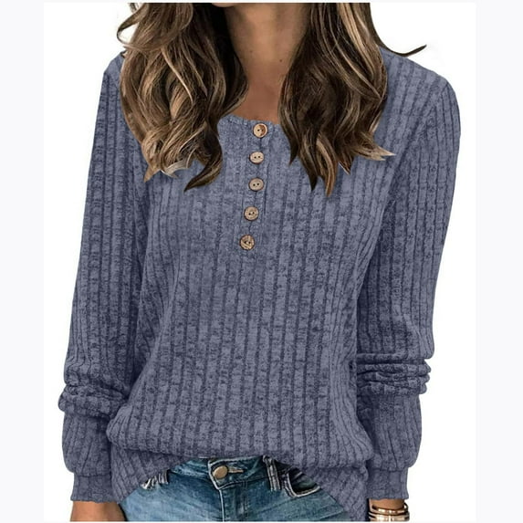 Admvng Sweaters for Women Winter Casual Solid Round Neck Long Sleeve Buttoned Knit Brushed Loose Sweater Top on Clearance