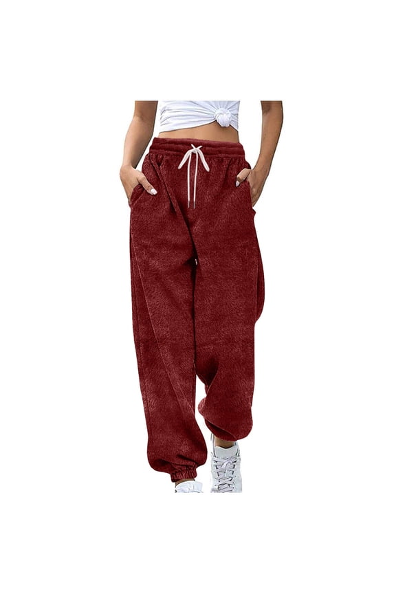Sweatpants Women Winter Casual Solid Fleece Drawstring Elastic Waist Pockets Joggers Cuffed Ankles Pants, Size S-2XL