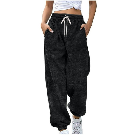 Admvng Sweatpants Women Winter Casual Solid Fleece Drawstring Elastic Waist Pockets Joggers Cuffed Ankles Pants, Size S-2XL