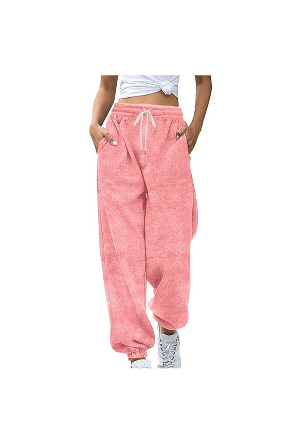Sweatpants Women Winter Casual Solid Fleece Drawstring Elastic Waist Pockets Joggers Cuffed Ankles Pants, Size S-2XL