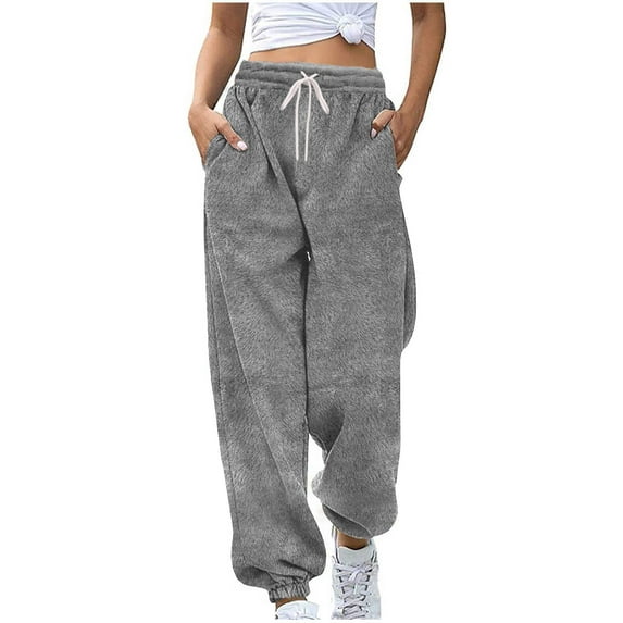 Admvng Sweatpants Women Winter Casual Solid Fleece Drawstring Elastic Waist Pockets Joggers Cuffed Ankles Pants, Size S-2XL