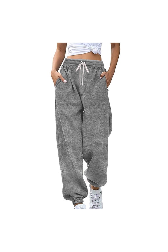 Sweatpants Women Winter Casual Solid Fleece Drawstring Elastic Waist Pockets Joggers Cuffed Ankles Pants, Size S-2XL