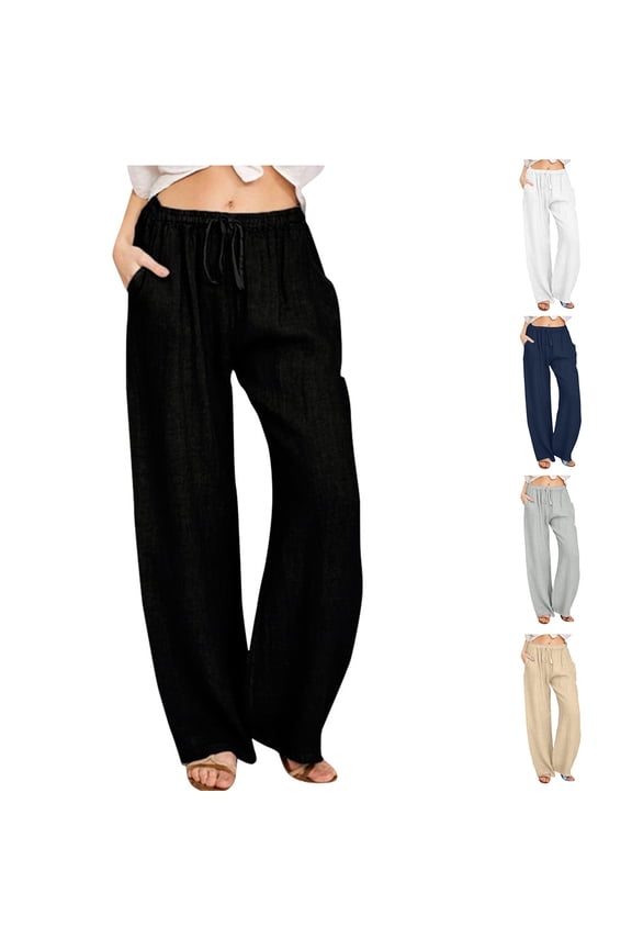 Sweatpants for Women and Linen Casual Solid Color Elastic Waist Trousers Comfortable Pants, Size M-4XL