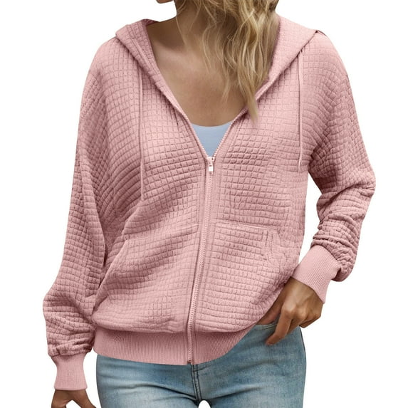Admvng Sweatshirt for Women Casual Loose Hooded Long Sleeve Pocket Zipper Solid Waffle Pattern Cardigan Blouse Hoodies Tops, Size S-2XL