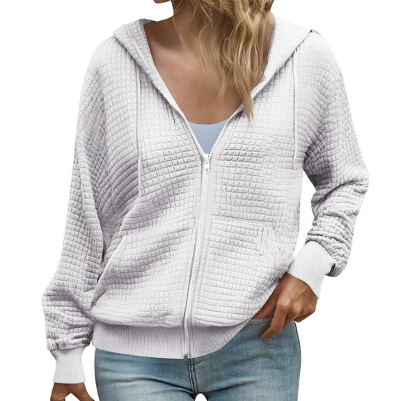 Admvng Sweatshirt for Women Casual Loose Hooded Long Sleeve Pocket Zipper Solid Waffle Pattern Cardigan Blouse Hoodies Tops, Size S-2XL